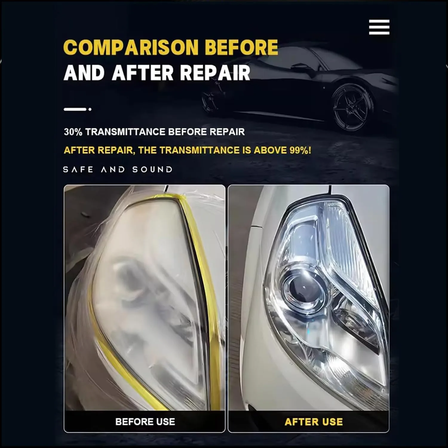 Tiworld Automotive Headlamp Restoration Fluid, oxidized and yellowed automotive headlamps, blurring enhanced crystalline coating refurbisher